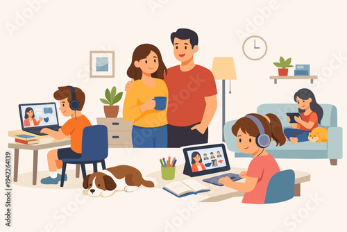 Vector illustration of a family staying at home with children studying online using laptops and tablets, parents watching, and pets resting in a cozy living room for remote learning concept.