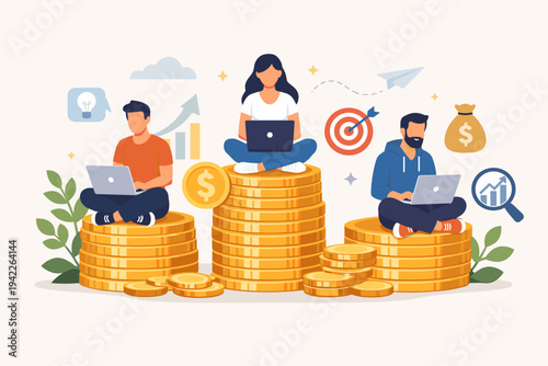 Vector of diverse people working on laptops sitting on stacks of gold coins, representing online earning, financial growth, digital nomad lifestyle, remote work, and successful business investment.