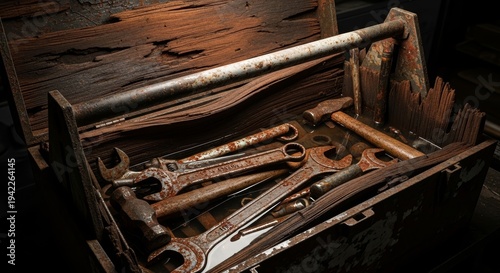 Old Rusty Hand Tools And Wrenches Submerged In Water Inside A Weathered Wooden Toolbox In A Neglected Industrial Setting
