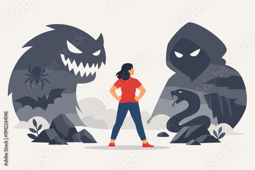Flat vector illustration of a brave woman confronting her inner fears and phobias depicted as giant shadowy monsters, snakes, and spiders, symbolizing courage, self-motivation, and resilience.