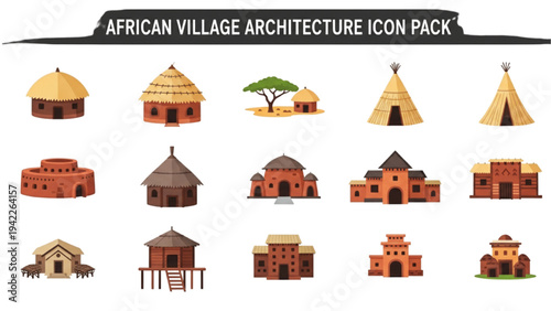 African village architecture icons set in traditional style