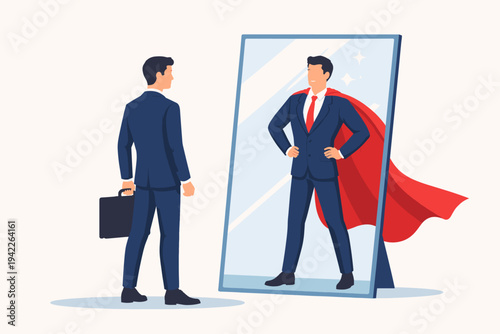 Motivated Businessman Looking in Mirror Seeing Himself as a Superhero with a Red Cape, Concept of Self Confidence, Ambition, Inner Strength, Leadership, Success and Career Growth Flat Vector.