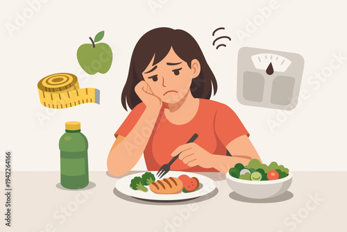 Sad woman with no appetite for a new diet, feeling unhappy and frustrated with healthy food, weight loss struggle concept with measuring tape, scale, and apple, flat vector illustration design.