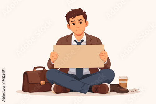 Sad Unemployed Businessman Sitting on the Ground Holding a Blank Cardboard Sign for Job Seeking, Professional Man in Suit Facing Unemployment and Economic Crisis, Flat Vector Illustration Art