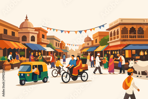 Vibrant Vector Illustration of a Traditional Indian Market Street Scene with Busy People, Local Vendors, Colorful Stalls, Auto Rickshaw, Cycle Rickshaw, Cow, and Traditional Architecture in India.