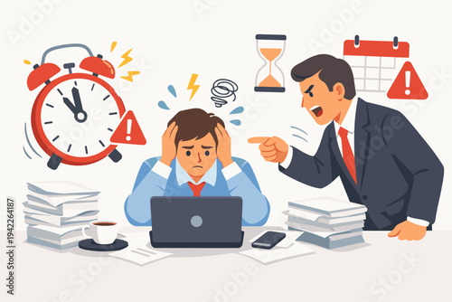 Stressed office worker sitting at desk with laptop and paper stacks while angry boss shouts and points, deadline pressure with alarm clock, hourglass, and calendar icons, flat vector design.