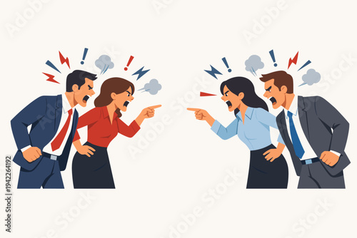 Vector Illustration of Angry Businesspeople Men and Women Shouting and Pointing at Each Other in a Heated Office Conflict, Aggressive Workplace Argument, Disagreement and Stressful Work Environment