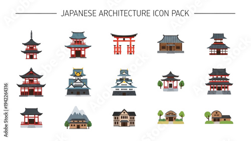 Collection of Japanese Architecture Icons Featuring Temples and Buildings