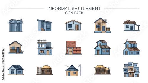 Collection of informal settlement house icons in various styles and designs