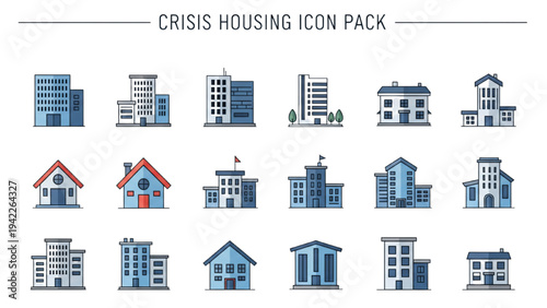 Collection of housing icons representing crisis situations in various architectural styles and buildings
