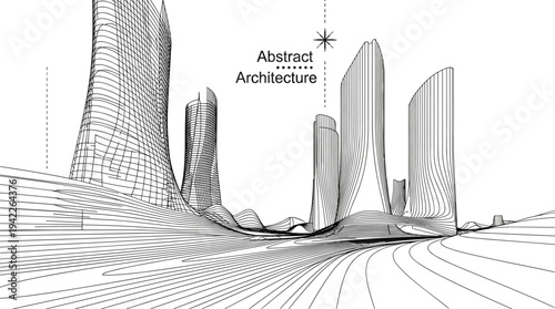 Futuristic parametric city landscape featuring organic topographical contours, flowing ribbon skyscrapers, and abstract architectural linework.