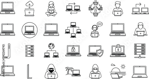 Laptop and computer network icon set featuring remote work, cloud computing, cybersecurity, data server, and digital nomad lifestyle.