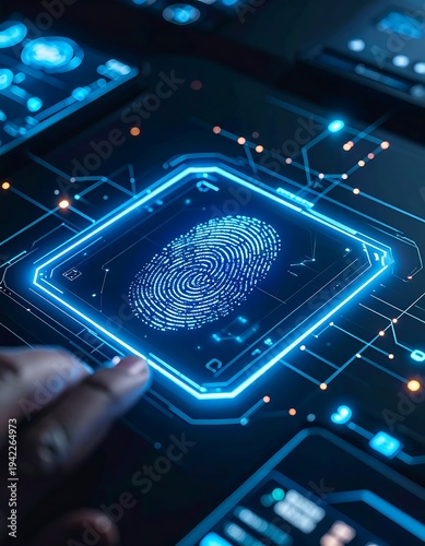 A hand presses a fingerprint onto a glowing, digital interface with circuit board design.  Bright, blue light highlights the fingerprint