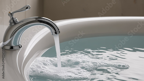 Chrome bathtub faucet filling a white tub with clear water and creating foam