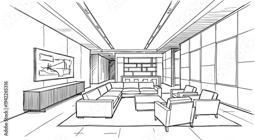 Modern executive lounge interior featuring a large sectional sofa, contemporary armchairs, recessed lighting, and a minimalist architectural layout.