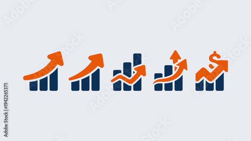 Business graphs and charts icons, Growing graph set. Business chart with arrow. Growths chart collection. Profit growing symbol. Progress bar, silhouette icon for growth, business, finance, analytics
