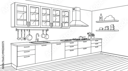 Modern kitchen perspective featuring glass-front upper cabinets, hanging pot rail, and professional chimney hood with floating shelves.