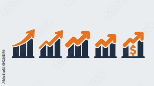 Business graphs and charts icons, Growing graph set. Business chart with arrow. Growths chart collection. Profit growing symbol. Progress bar, silhouette icon for growth, business, finance, analytics
