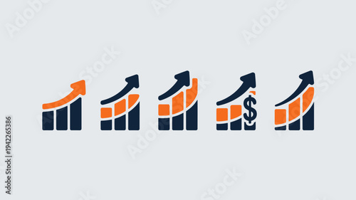 Business graphs and charts icons, Growing graph set. Business chart with arrow. Growths chart collection. Profit growing symbol. Progress bar, silhouette icon for growth, business, finance, analytics

