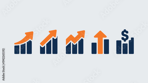 Business graphs and charts icons, Growing graph set. Business chart with arrow. Growths chart collection. Profit growing symbol. Progress bar, silhouette icon for growth, business, finance, analytics
