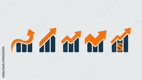 Business graphs and charts icons, Growing graph set. Business chart with arrow. Growths chart collection. Profit growing symbol. Progress bar, silhouette icon for growth, business, finance, analytics
