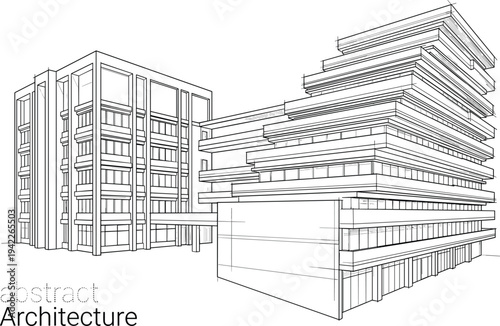 Modern mixed-use office complex architectural variation featuring an elevated perspective of a tiered structural wing and a connected glass-facade tower.