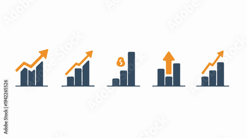 Business graphs and charts icons, Growing graph set. Business chart with arrow. Growths chart collection. Profit growing symbol. Progress bar, silhouette icon for growth, business, finance, analytics
