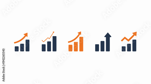 Business graphs and charts icons, Growing graph set. Business chart with arrow. Growths chart collection. Profit growing symbol. Progress bar, silhouette icon for growth, business, finance, analytics
