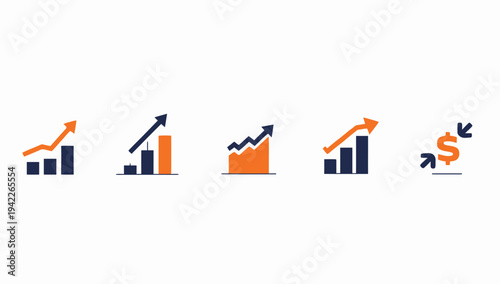 Business graphs and charts icons, Growing graph set. Business chart with arrow. Growths chart collection. Profit growing symbol. Progress bar, silhouette icon for growth, business, finance, analytics
