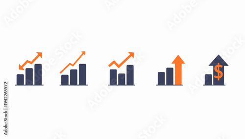 Business graphs and charts icons, Growing graph set. Business chart with arrow. Growths chart collection. Profit growing symbol. Progress bar, silhouette icon for growth, business, finance, analytics
