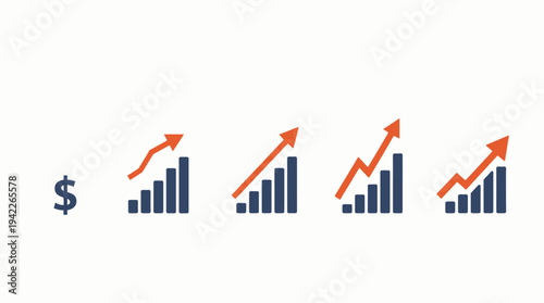 Business graphs and charts icons, Growing graph set. Business chart with arrow. Growths chart collection. Profit growing symbol. Progress bar, silhouette icon for growth, business, finance, analytics
