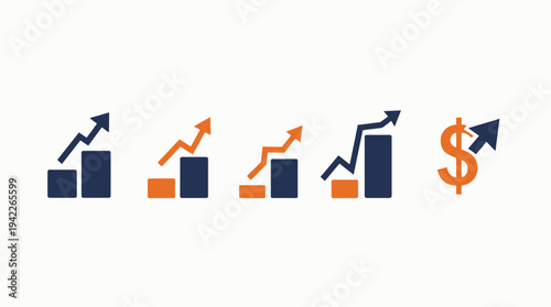 Business graphs and charts icons, Growing graph set. Business chart with arrow. Growths chart collection. Profit growing symbol. Progress bar, silhouette icon for growth, business, finance, analytics
