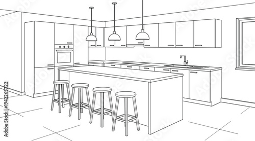Modern professional kitchen perspective featuring large central island, four bar stools, and integrated wall oven.