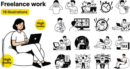 Modern remote work illustration set featuring 16 digital nomad characters, home office productivity scenes, and freelance career concepts.