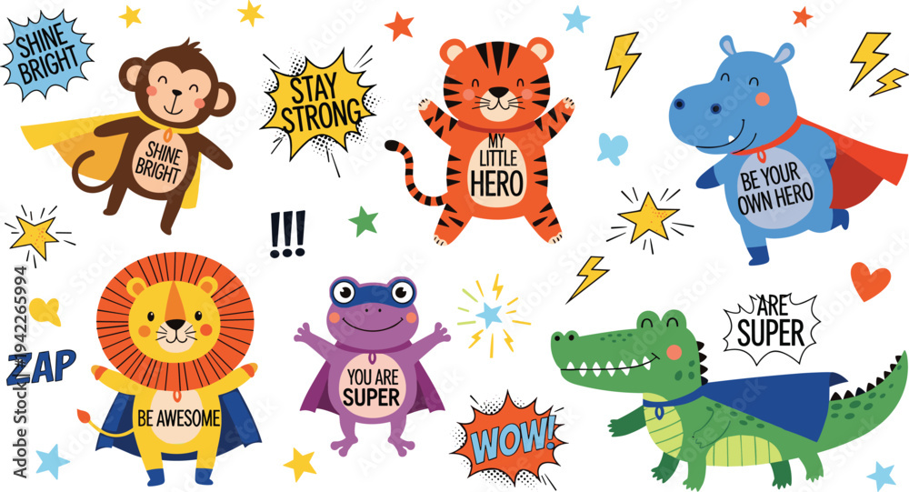 Fototapeta premium Cute Superhero Animals Vector Set featuring Monkey Tiger Hippo Lion Frog and Crocodile with Motivational Phrases and Comic Style Elements