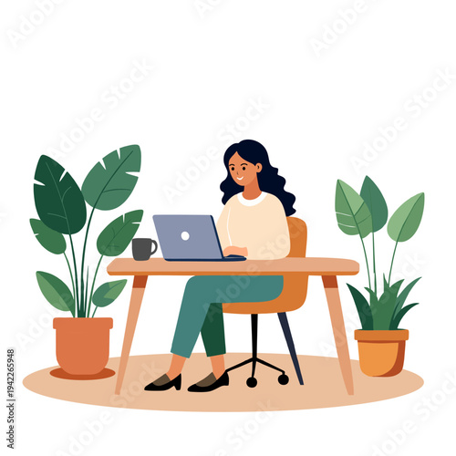 Woman Working on Laptop at Desk.