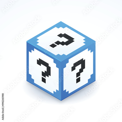 A blue cube with question marks on each side has a pixelated design