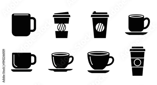 Collection of coffee cups and mugs in various designs on a plain white background from a straightforward viewpoint