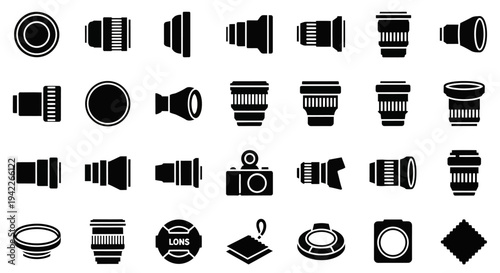 Collection of camera lenses and photography equipment icons displayed against a clean background from a straightforward viewpoint