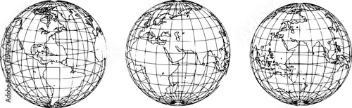 3d spheres globe earth. Linear globe grid in different angles.
