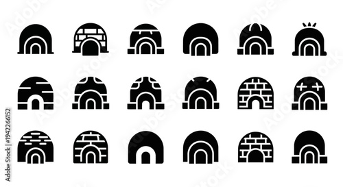 Collection of black arch icons representing various architectural styles and structures on a white