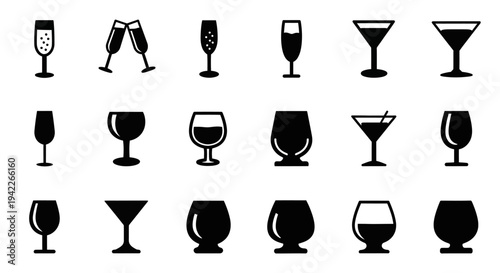 Collection of various glasses and cocktails illustrated in black silhouettes against a plain background from a straightforward viewpoint
