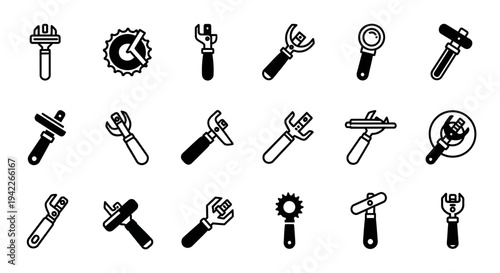 Collection of various tools and equipment icons in black and white, showcasing different professions and tasks