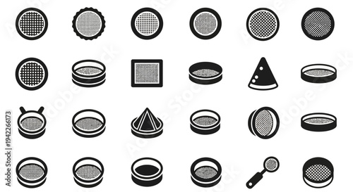 Collection of various monochrome icons representing different shapes and objects displayed on a clean white background from a straightforward viewpoint.