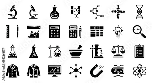 Collection of science icons depicting various laboratory equipment and scientific concepts in a grid layout