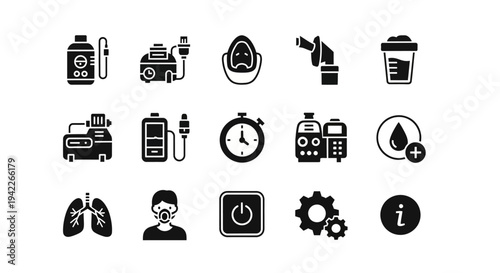 Collection of Simple Black Icons Representing Various Industrial and Medical Concepts on a Clean Background