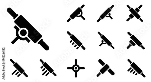 Collection of various black icons representing different types of machinery and mechanical devices displayed on a clean white background from a straightforward viewpoint