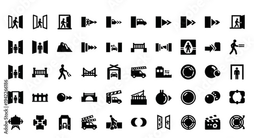 Collection of various black icons representing different objects and actions on a white background viewed from a straightforward perspective