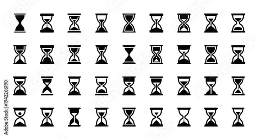 Grid of hourglass icons in various stages of sand flow, symbolizing time and patience, presented in a structured illustration format.