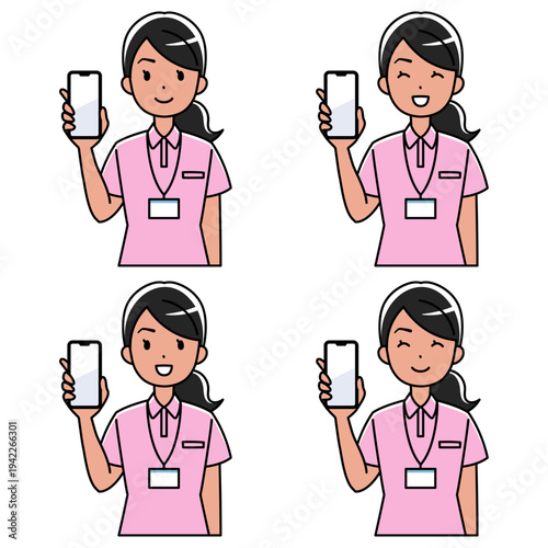 笑顔でスマホを見せるポロシャツの外国人女性のイラスト